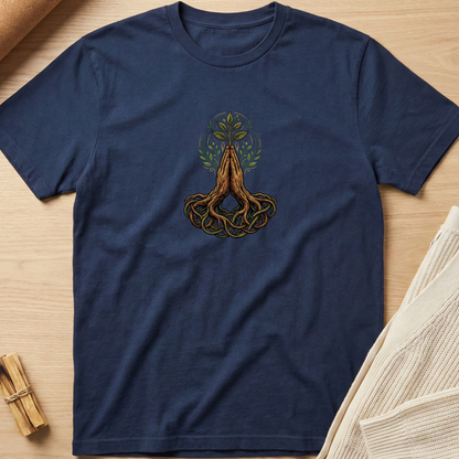 Navy blue t-shirt with a colorful chakra design on a wooden surface. Minimalist yoga apparel by pemuyo.