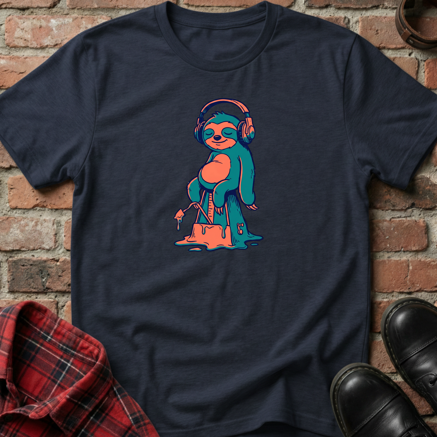 Navy blue t-shirt with a colorful sloth graphic on a brick wall background. Minimalist music apparel by pemuyo.