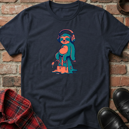 Navy blue t-shirt with a colorful sloth graphic on a brick wall background. Minimalist music apparel by pemuyo.
