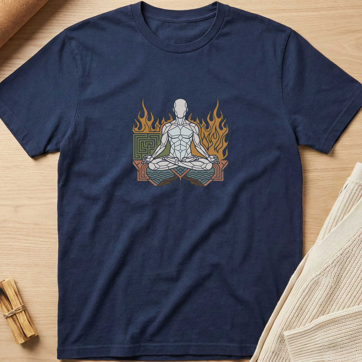 A navy blue short-sleeve t-shirt laid flat on a light wood surface, featuring a central graphic of a meditating figure in white with orange flames and geometric accents. The shirt is styled with a beige knit fabric and small wooden sticks in the corners. Minimalist yoga apparel by pemuyo.