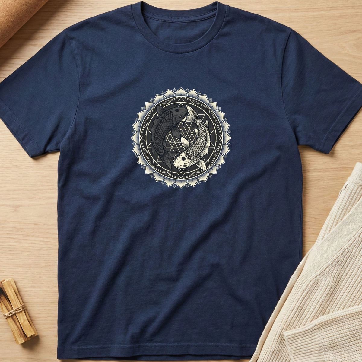 A navy blue short-sleeve t-shirt with a circular koi fish graphic in the center, laid flat on a light wood background with neutral props. Minimalist yoga apparel by pemuyo.