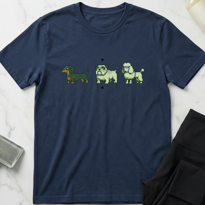 Navy blue t-shirt with pixelated dog graphics on a marble surface. Minimalist dog apparel by pemuyo.