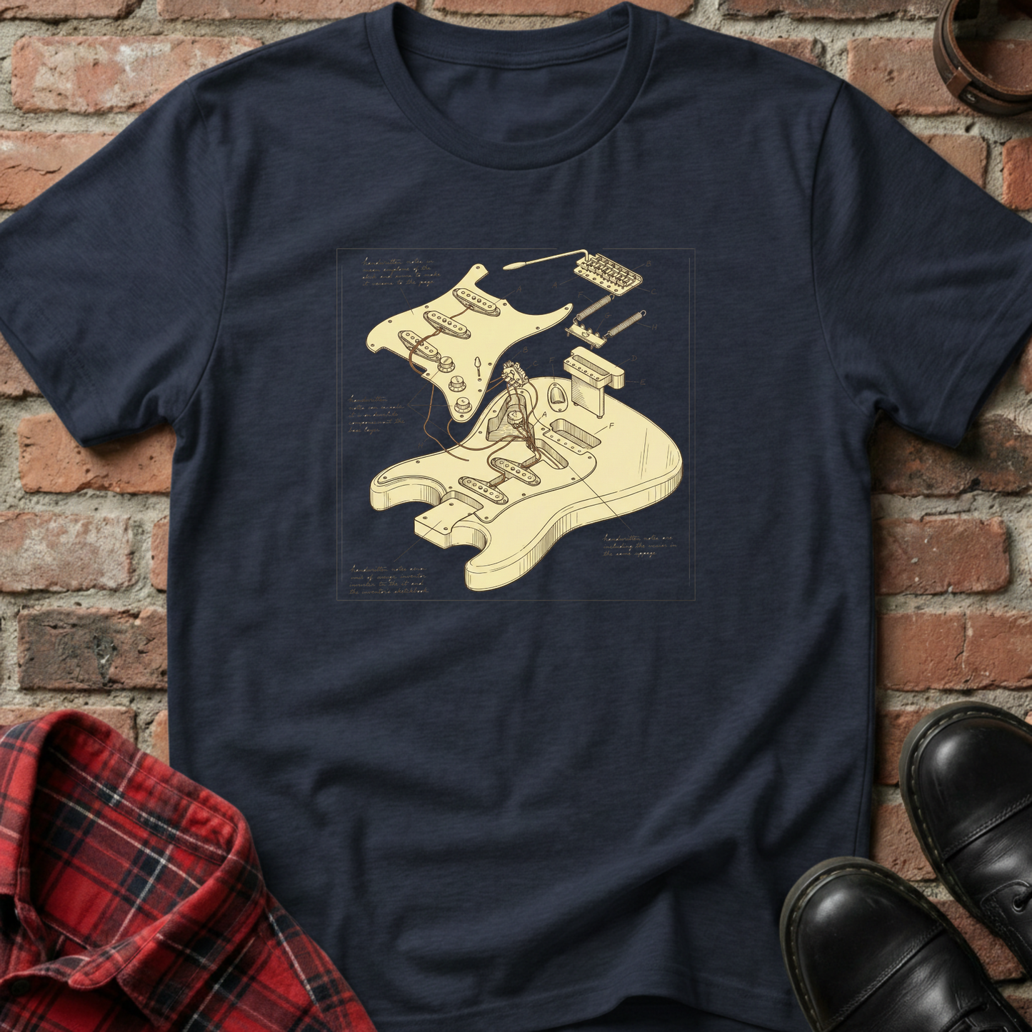 Navy blue t-shirt with a graphic design of guitar on a brick wall background. Minimalist music apparel by pemuyo.