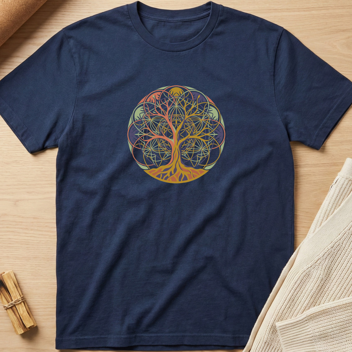A navy blue crewneck t-shirt featuring a colorful circular 'Tree of Life' graphic on the chest, laid flat on a light wood background with neutral props. Minimalist yoga apparel by pemuyo.