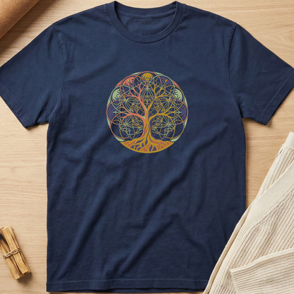 A navy blue crewneck t-shirt featuring a colorful circular 'Tree of Life' graphic on the chest, laid flat on a light wood background with neutral props. Minimalist yoga apparel by pemuyo.