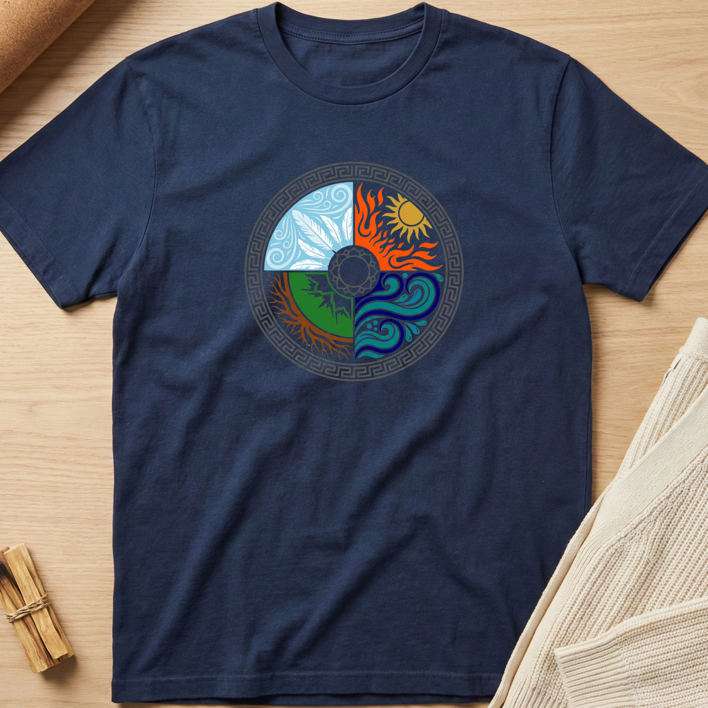 Navy blue t-shirt with a colorful circular design on a wooden surface. Minimalist yoga apparel by pemuyo.