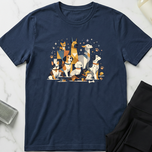 Navy blue t-shirt with cartoon dog design on a marble surface. Minimalist dog apparel by pemuyo.