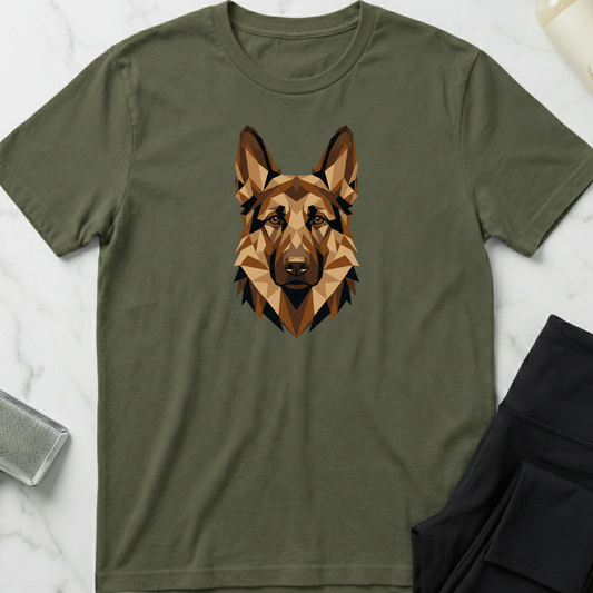 Green t-shirt with a geometric dog illustration on a white marble surface. Minimalist dog apparel by pemuyo.