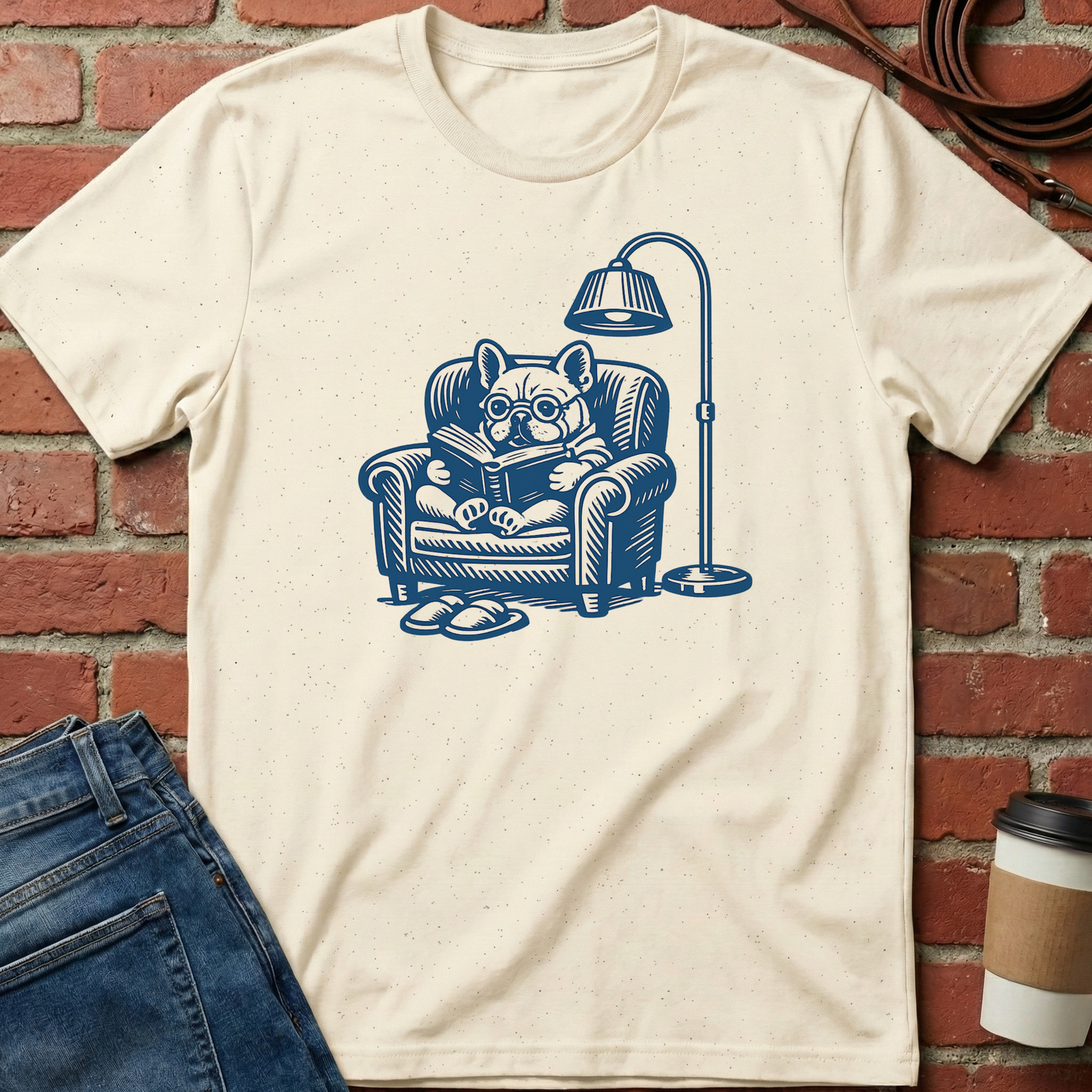 Beige t-shirt with blue graphic of a dog reading a book in an armchair, placed against a brick wall. Minimalist dog apparel by pemuyo.