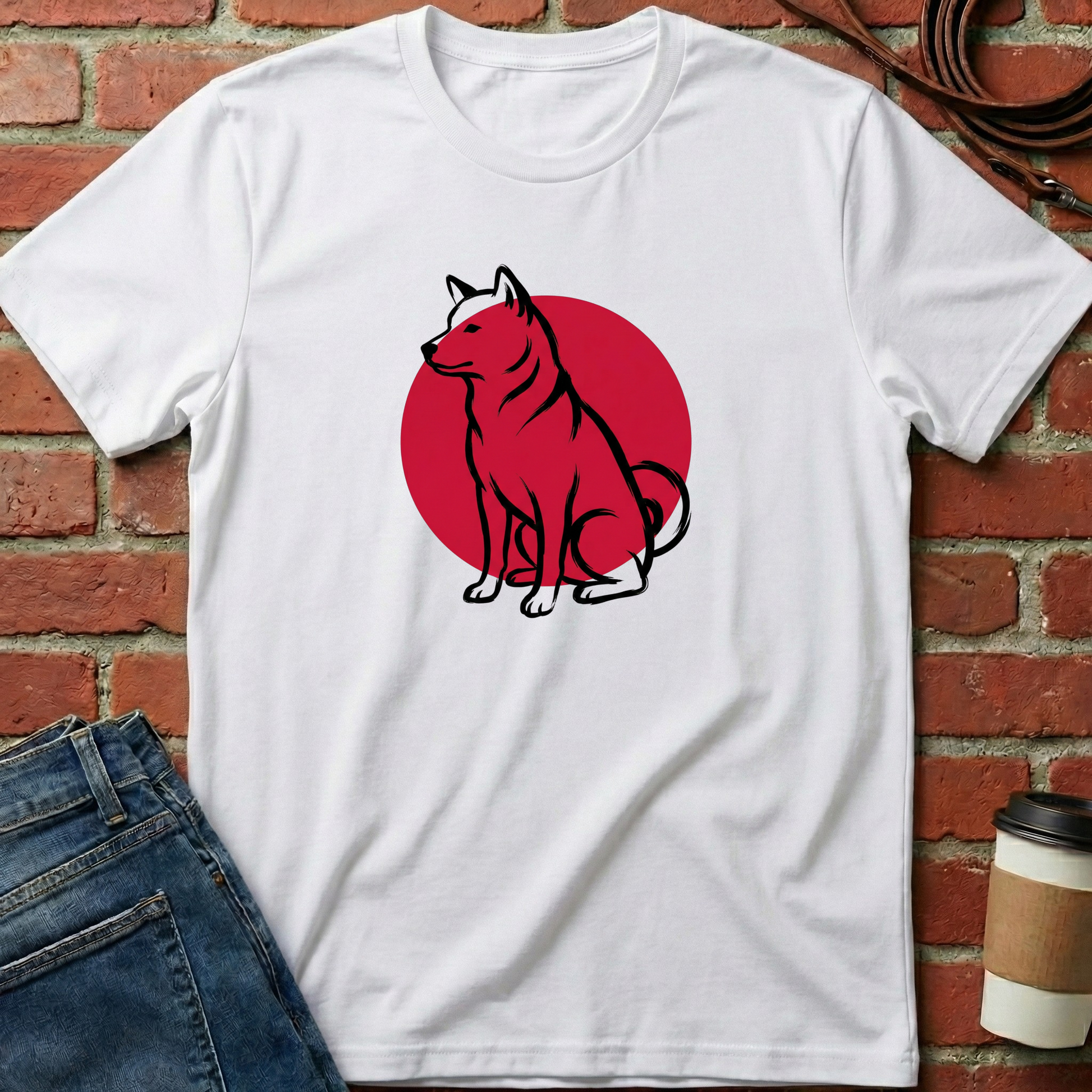 White t-shirt with a dog graphic on a red circle against a brick wall. Minimalist dog apparel by pemuyo.