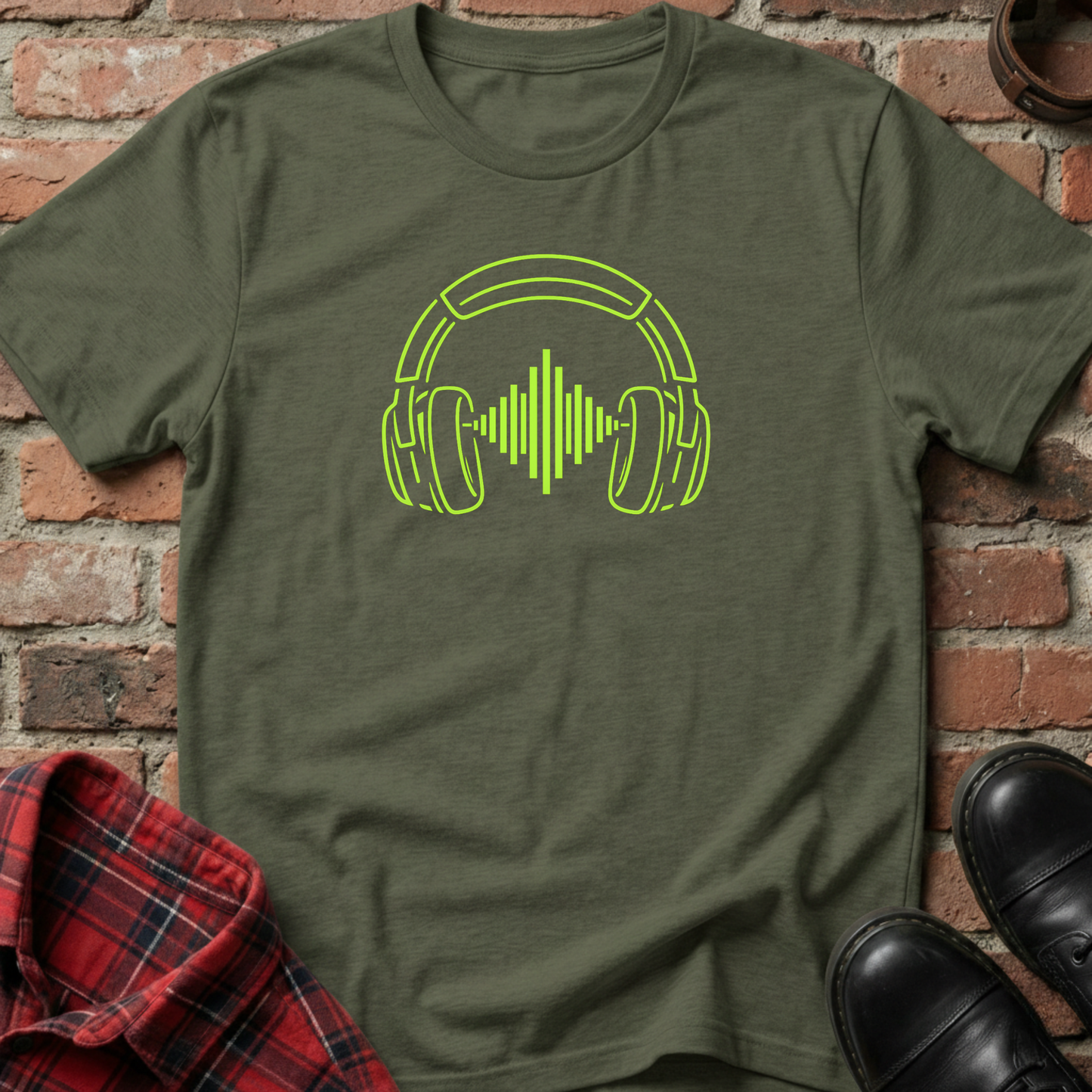 Green t-shirt with neon green headphones graphic on a brick background. Minimalist music apparel by pemuyo.