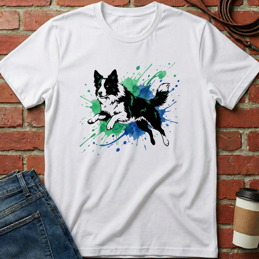 White t-shirt with a dog graphic on a brick wall background. Minimalist dog apparel by pemuyo.
