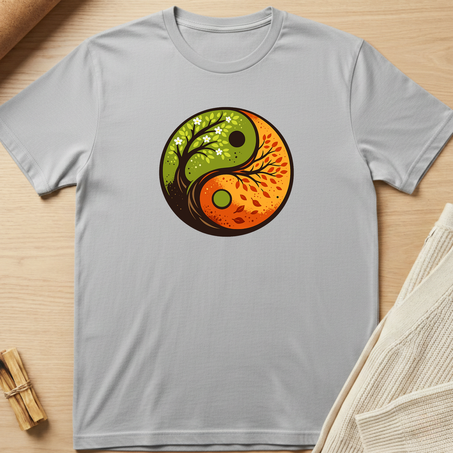 Gray t-shirt with a yin yang design featuring nature elements on a wooden surface. Minimalist yoga apparel by pemuyo.