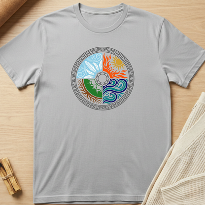 Gray t-shirt with a colorful circular design on a wooden surface. Minimalist yoga apparel by pemuyo.