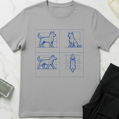 Gray t-shirt with blue dog illustrations on a white marble surface. Minimalist dog apparel by pemuyo.