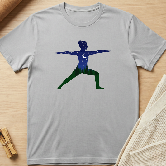 Gray t-shirt with a graphic of a person in a yoga pose on a wooden surface. Minimalist yoga apparel by pemuyo.