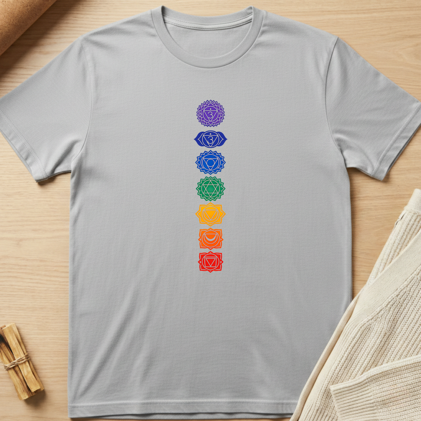 Gray t-shirt with colorful chakra symbols on a wooden surface. Minimalist yoga apparel by pemuyo.