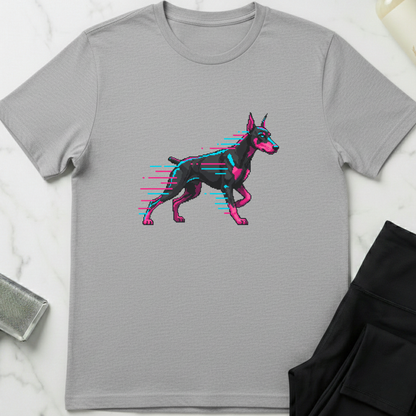 Gray t-shirt with a graphic of a pink and black dog on a marble surface. Minimalist dog apparel by pemuyo.