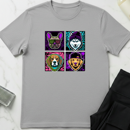 Gray t-shirt with colorful dog illustrations on a white marble surface. Minimalist dog apparel by pemuyo.