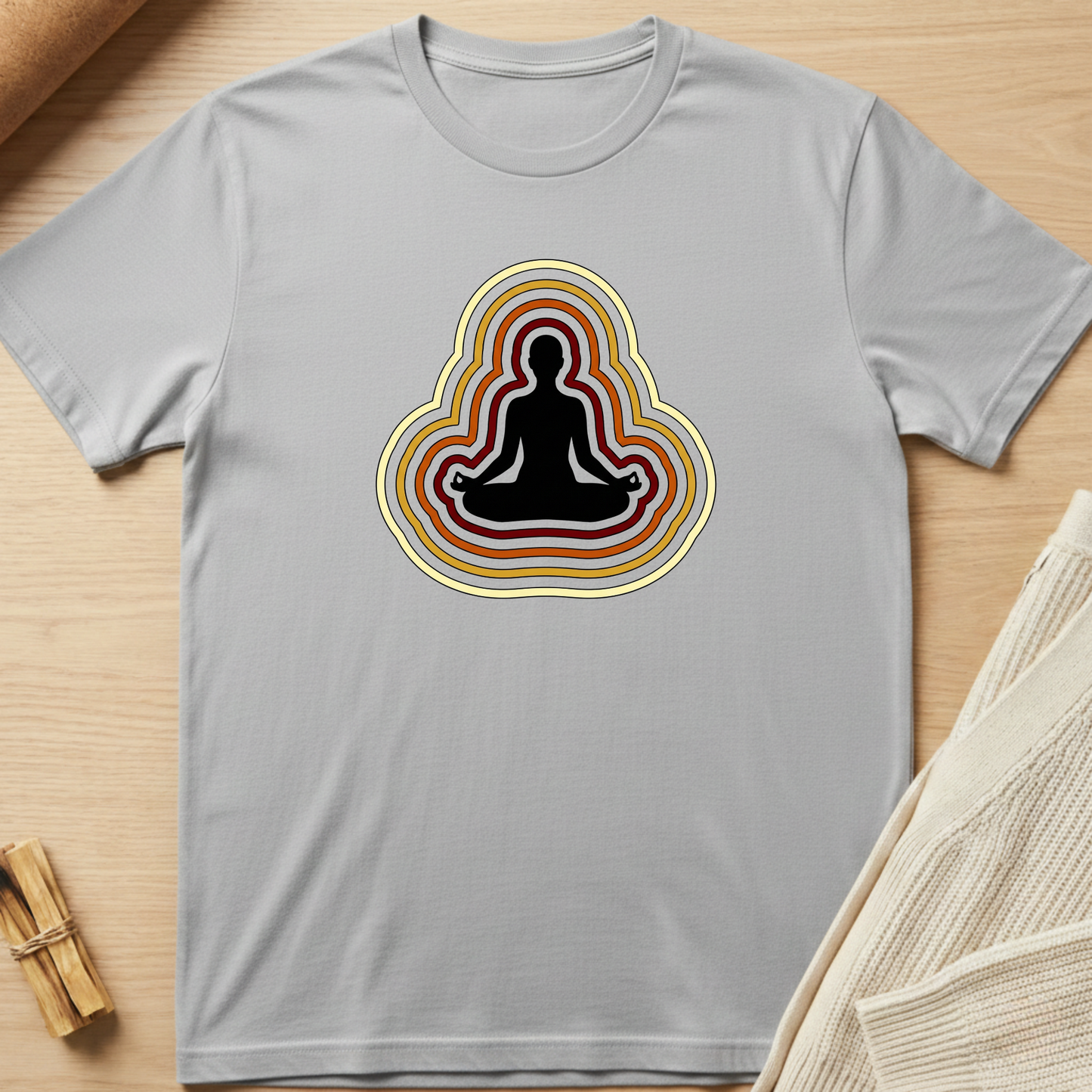Gray t-shirt with a meditating figure design on a wooden surface. Minimalist yoga apparel by pemuyo.