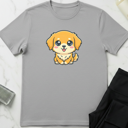 Gray t-shirt with a cartoon dog design on a white marble surface. Minimalist dog apparel by pemuyo.