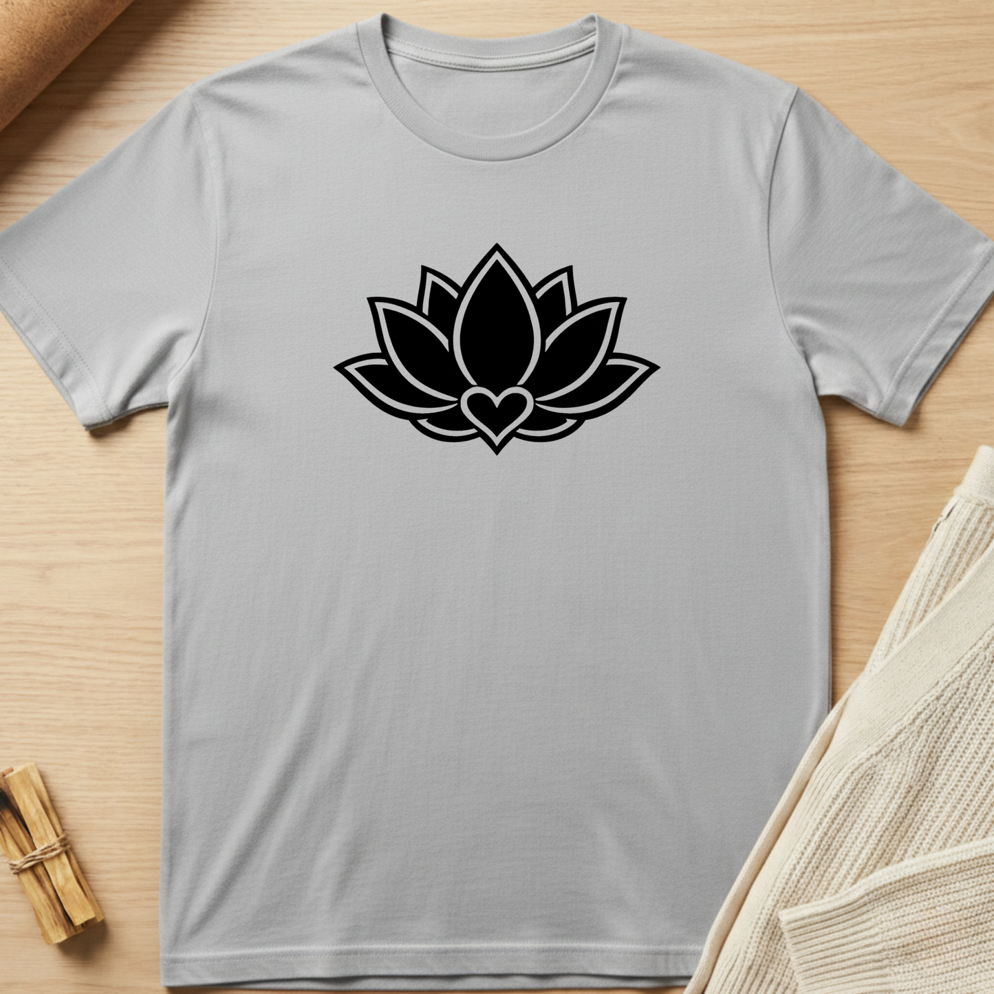 Gray t-shirt with a black lotus flower design on a wooden surface. Minimalist yoga apparel by pemuyo.