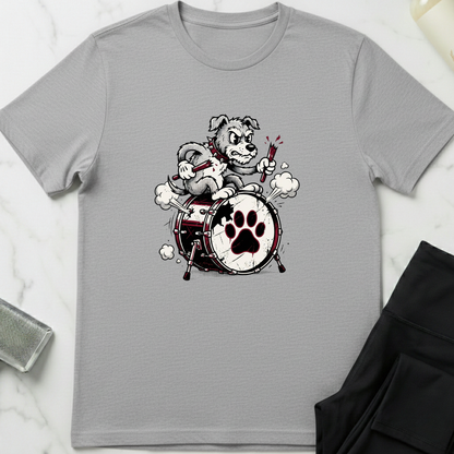 Gray t-shirt with a graphic of a dog playing drums on a white marble surface. Minimalist dog apparel by pemuyo.