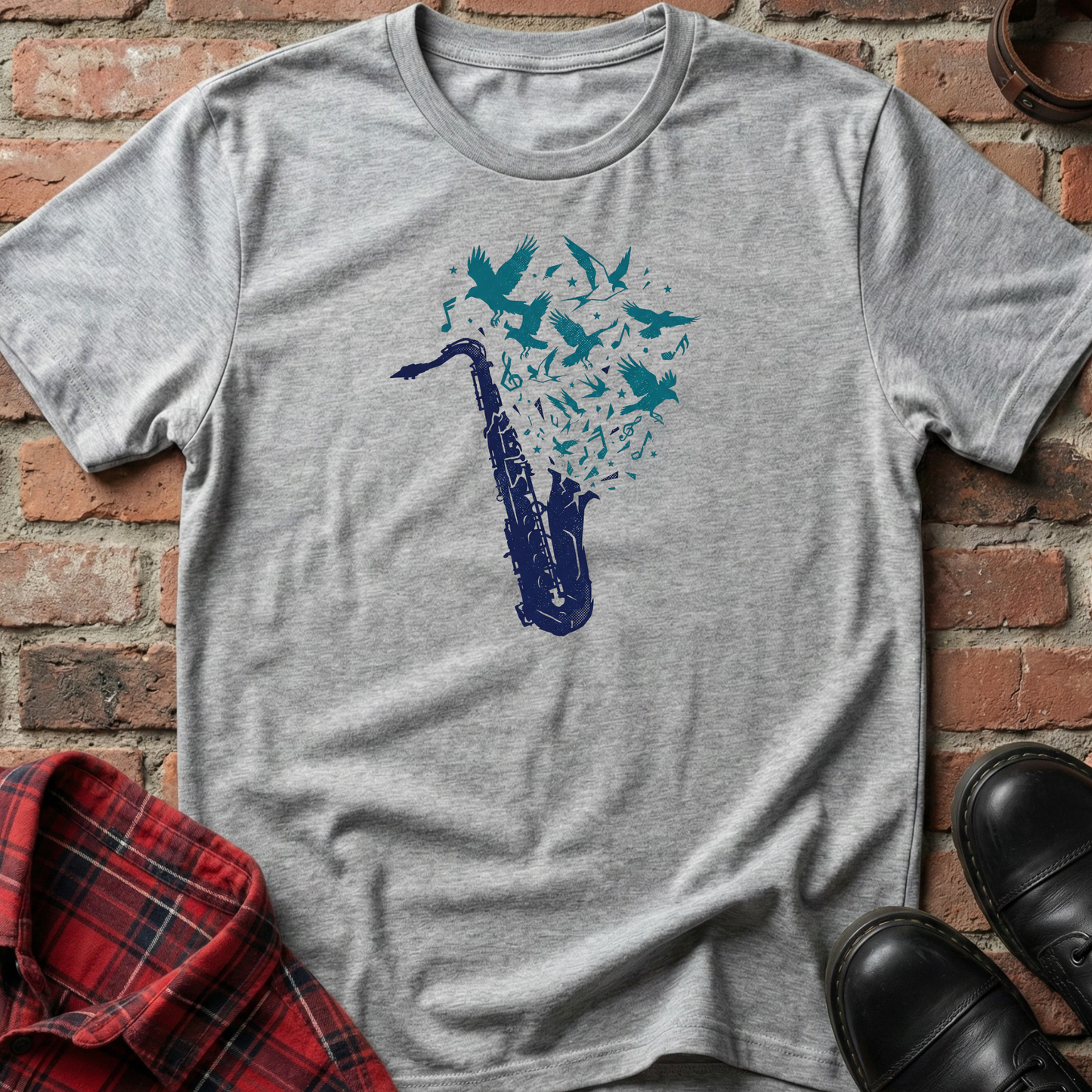 Gray t-shirt with a blue saxophone and birds design on a brick surface. Minimalist music apparel by pemuyo.