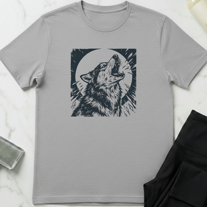 Gray t-shirt with a husky graphic on a light gray background. Minimalist dog apparel by pemuyo.