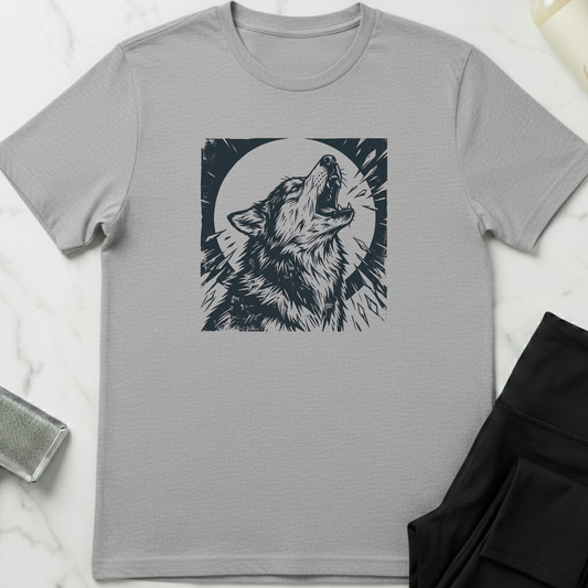 Gray t-shirt with a husky graphic on a light gray background. Minimalist dog apparel by pemuyo.