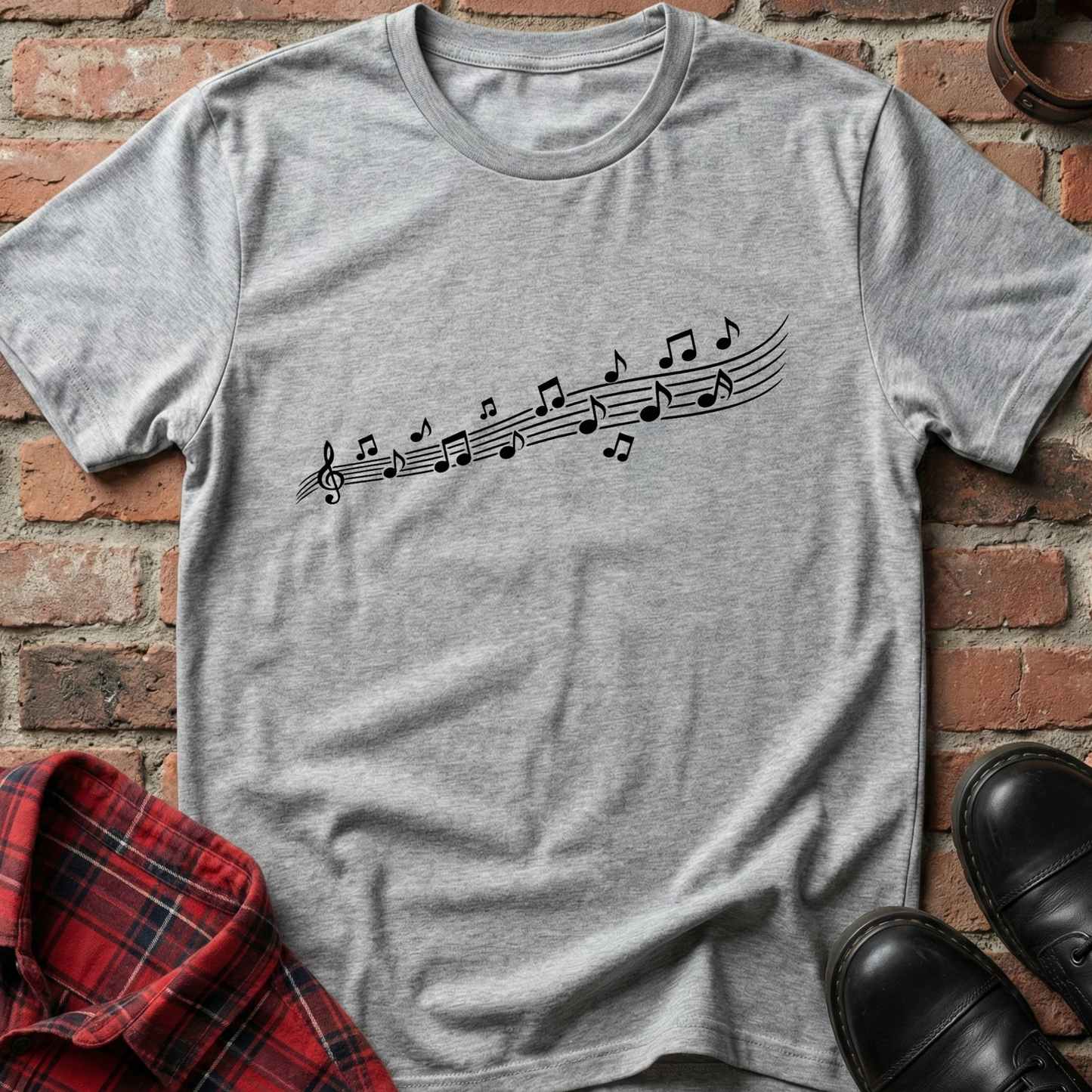 Gray t-shirt with black musical note design on a brick surface. Minimalist music apparel by pemuyo.