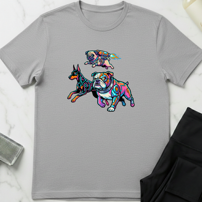 Gray t-shirt with colorful dog illustrations on a white marble surface. Minimalist dog apparel by pemuyo.