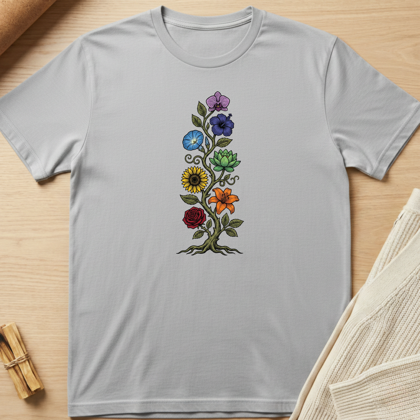Gray t-shirt with colorful floral design on a wooden surface. Minimalist yoga apparel by pemuyo.