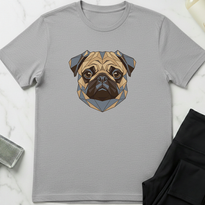 Gray t-shirt with a geometric pug design on a marble surface. Minimalist dog apparel by pemuyo.