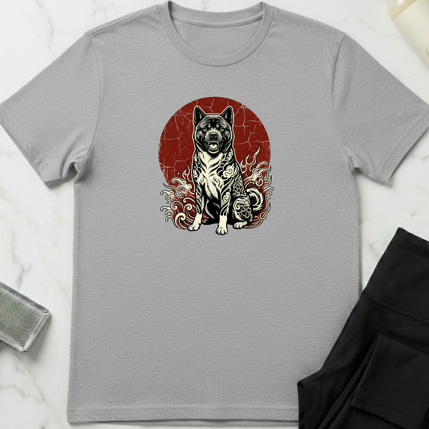Gray t-shirt with a graphic of a dog on a red background. Minimalist dog apparel by pemuyo.