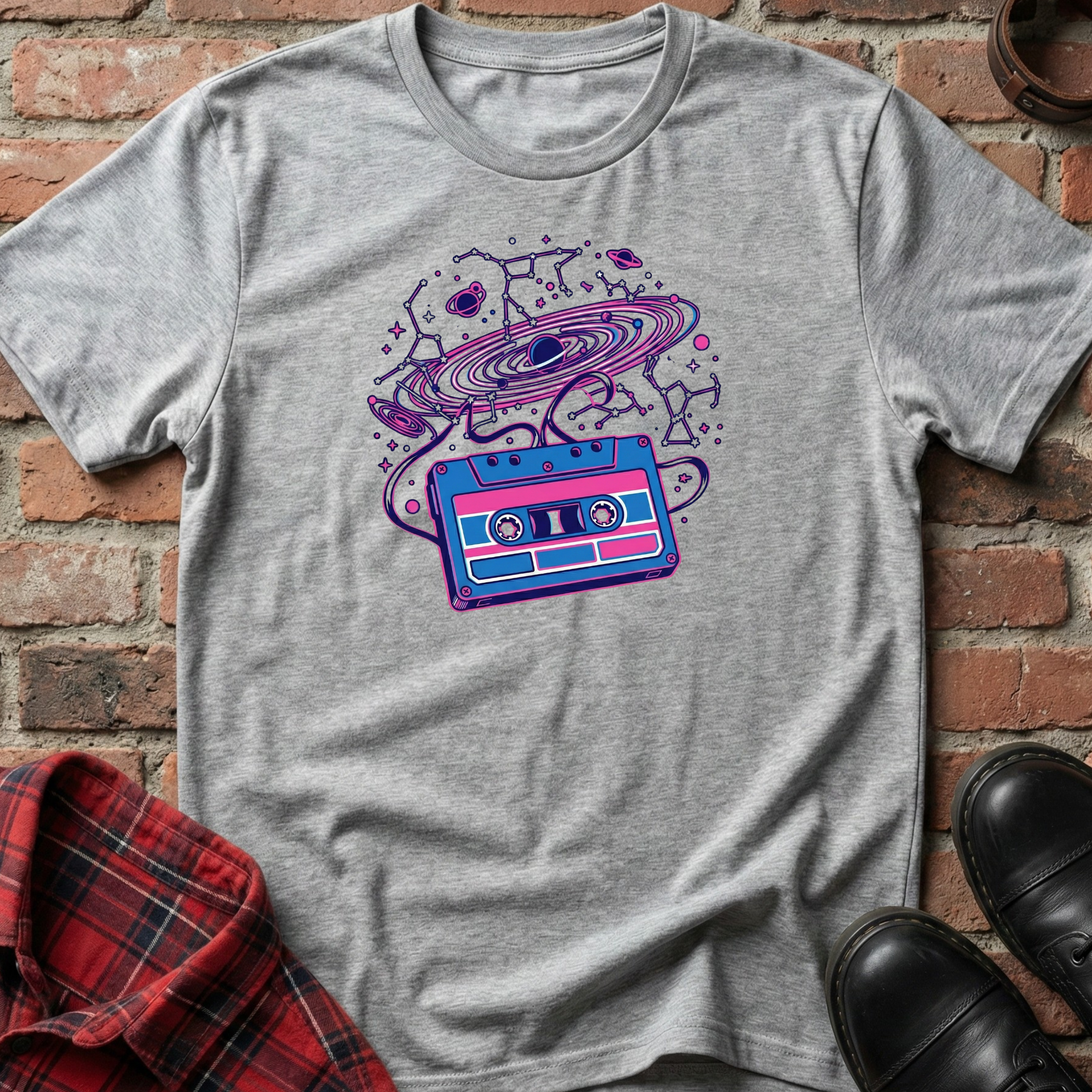 Gray t-shirt with a colorful cassette tape and spiral design on a brick surface. Minimalist music apparel by pemuyo.