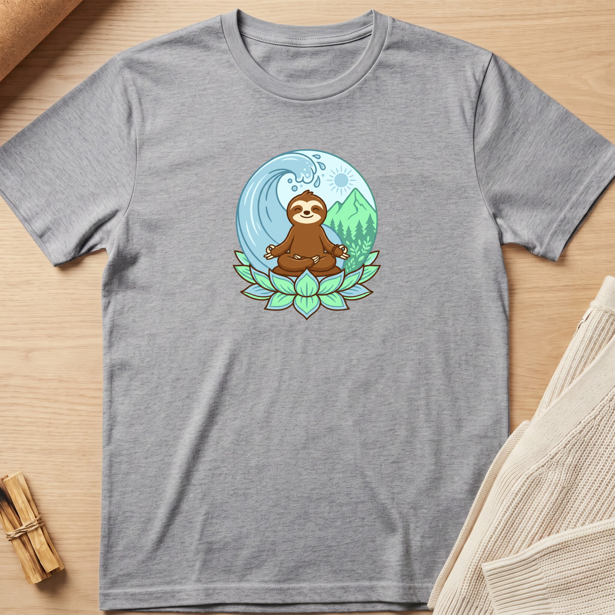 A heather gray short-sleeve t-shirt laid flat on a light wood surface, featuring a colorful graphic of a brown sloth meditating on a lotus flower with a blue wave and green mountains in the background. Minimalist yoga apparel by pemuyo.