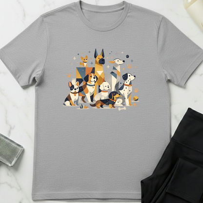 Gray t-shirt with a colorful graphic of dogs on a white marble surface. Minimalist dog apparel by pemuyo.