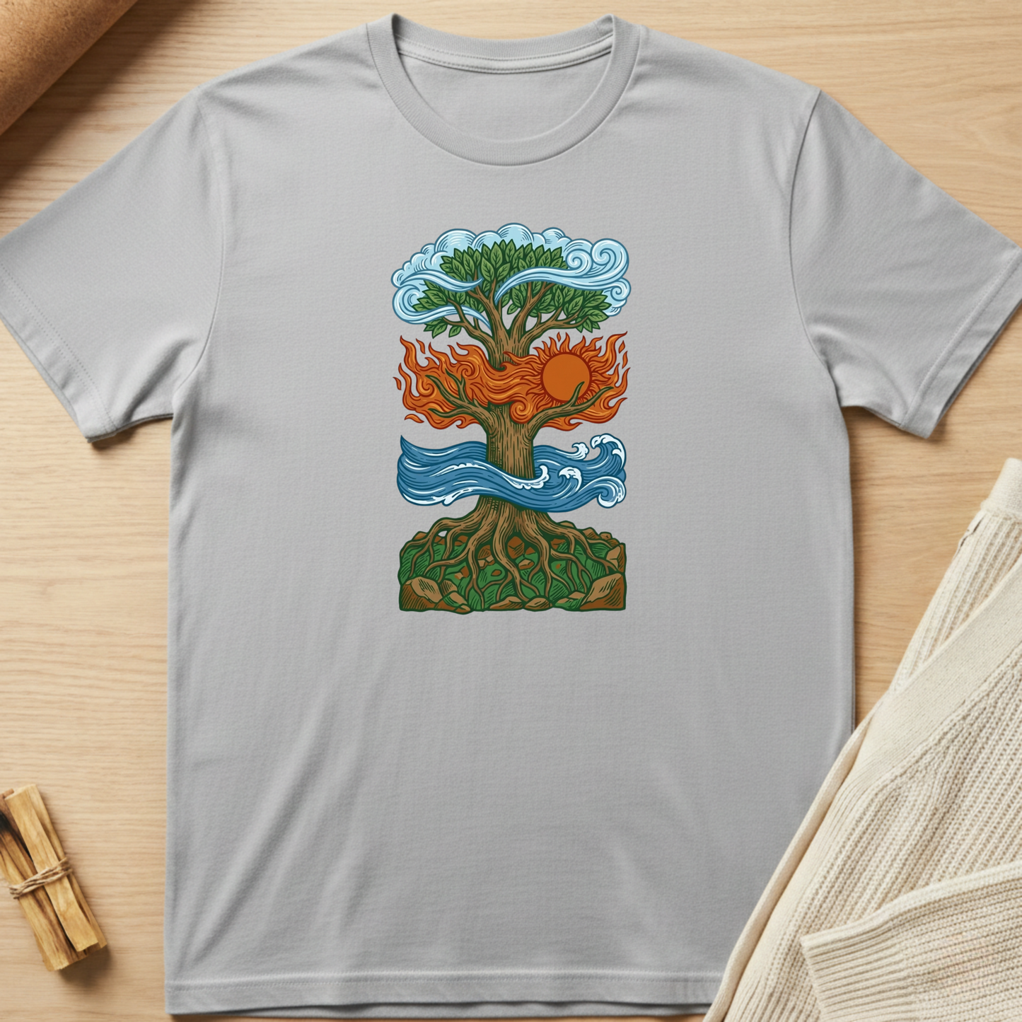 Gray t-shirt with a colorful tree design featuring sun, water, and fire on a wooden surface. Minimalist yoga apparel by pemuyo.