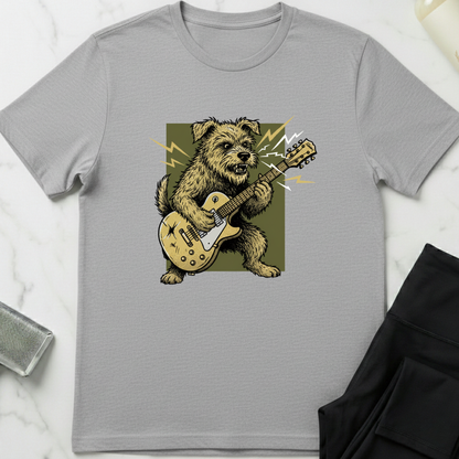 Gray t-shirt with a graphic of a dog playing a guitar on a white marble surface. Minimalist dog apparel by pemuyo.