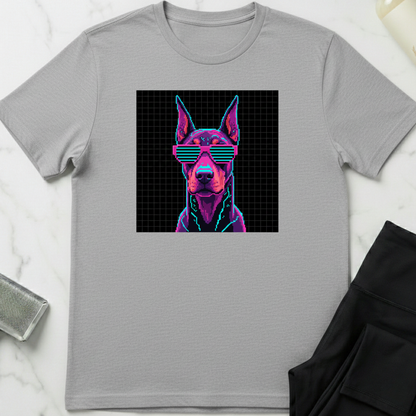 Gray t-shirt with a graphic of a dog wearing sunglasses on a black background. Minimalist dog apparel by pemuyo.