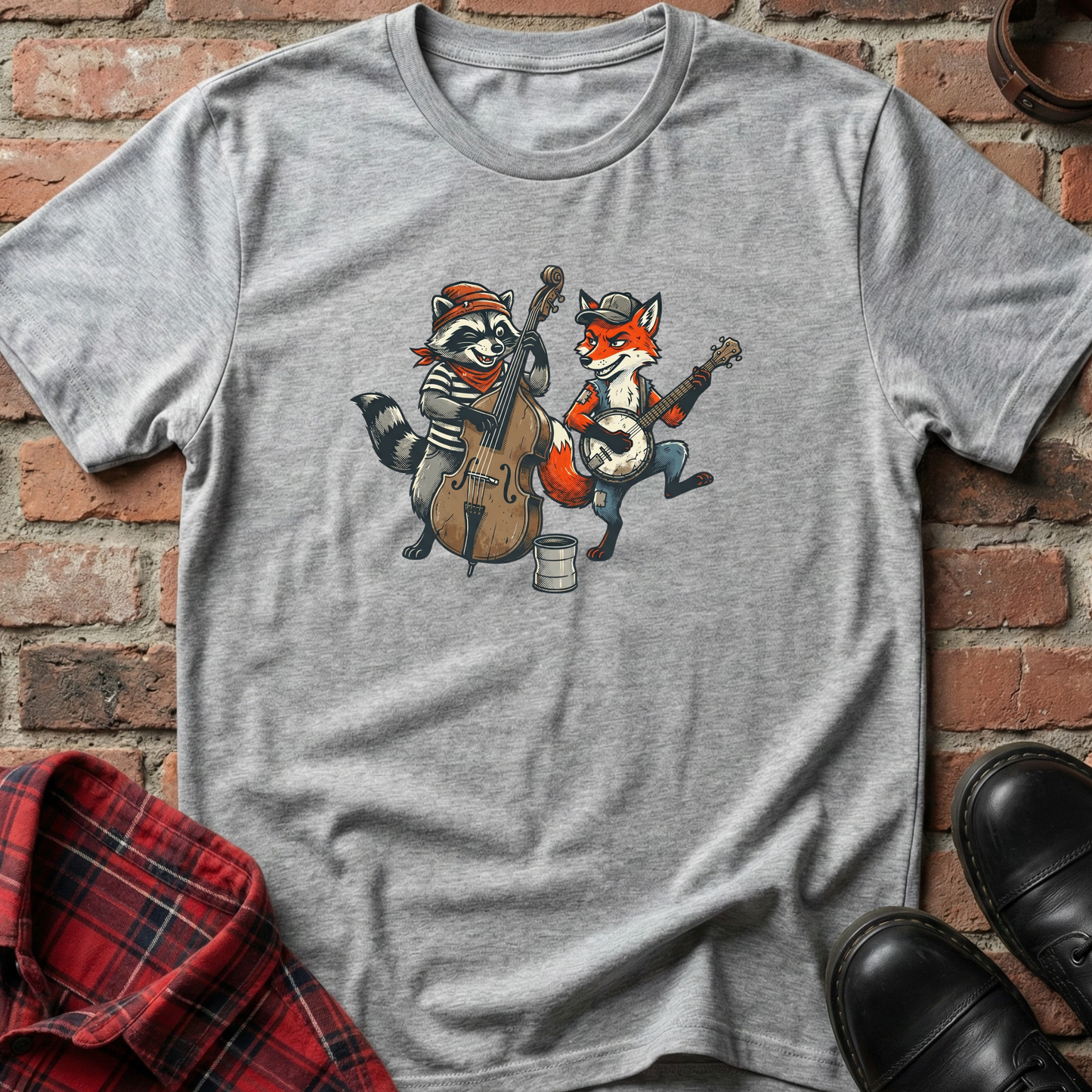 Gray t-shirt with cartoon raccoon and fox playing instruments on a brick background. Minimalist music apparel by pemuyo.