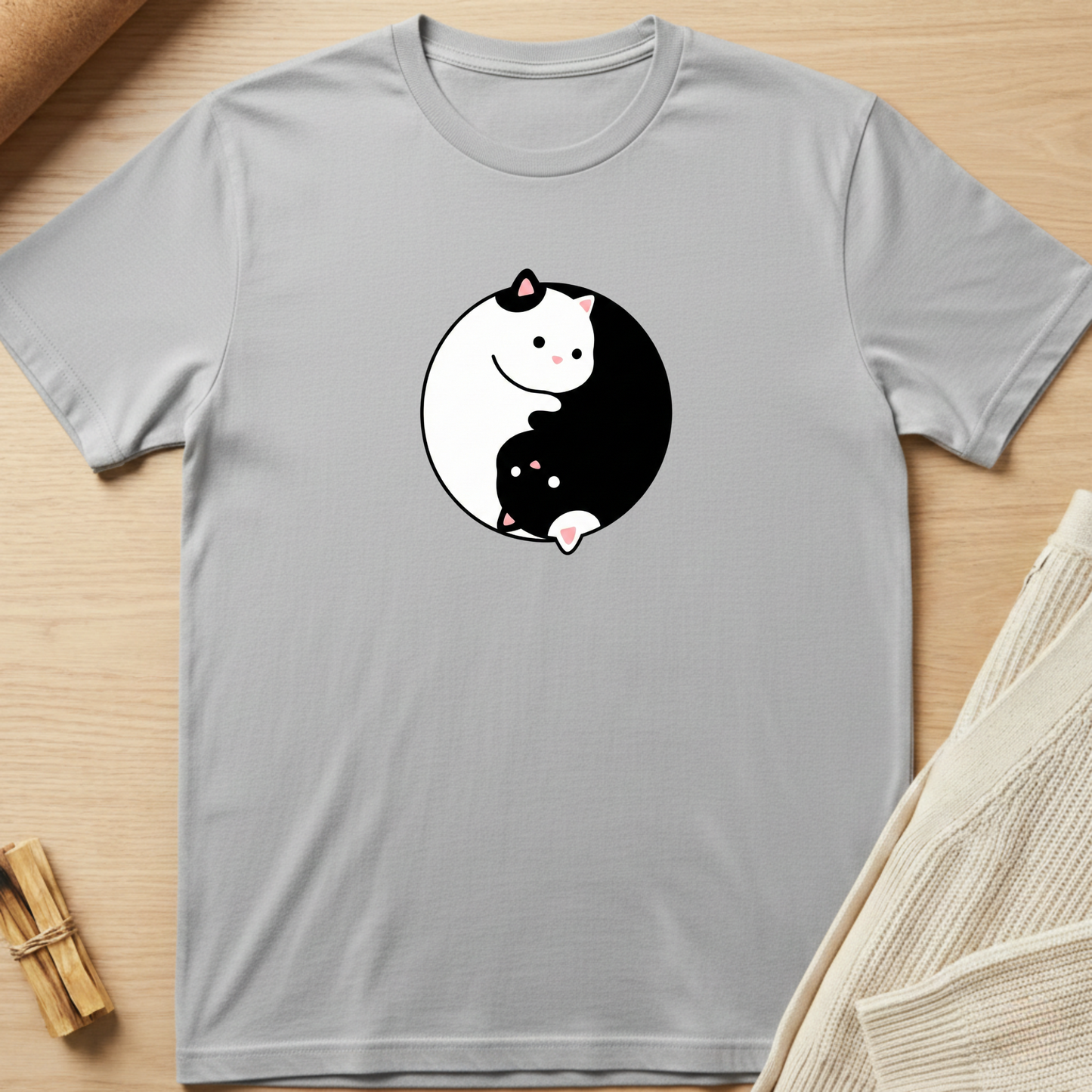 Gray t-shirt with a yin yang design featuring cartoon cats on a wooden surface. Minimalist yoga apparel by pemuyo.