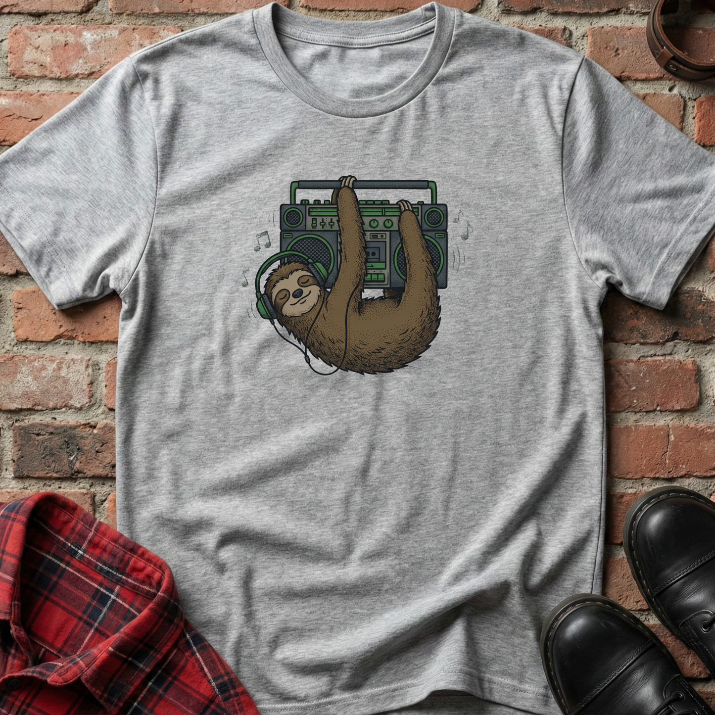 Gray t-shirt with a sloth holding a boombox graphic on a brick background. Minimalist music apparel by pemuyo.