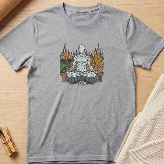 A heather gray short-sleeve t-shirt laid flat on a light wood surface, featuring a central graphic of a seated meditating figure with flames rising behind it and a green geometric emblem on the left. Minimalist yoga apparel by pemuyo.