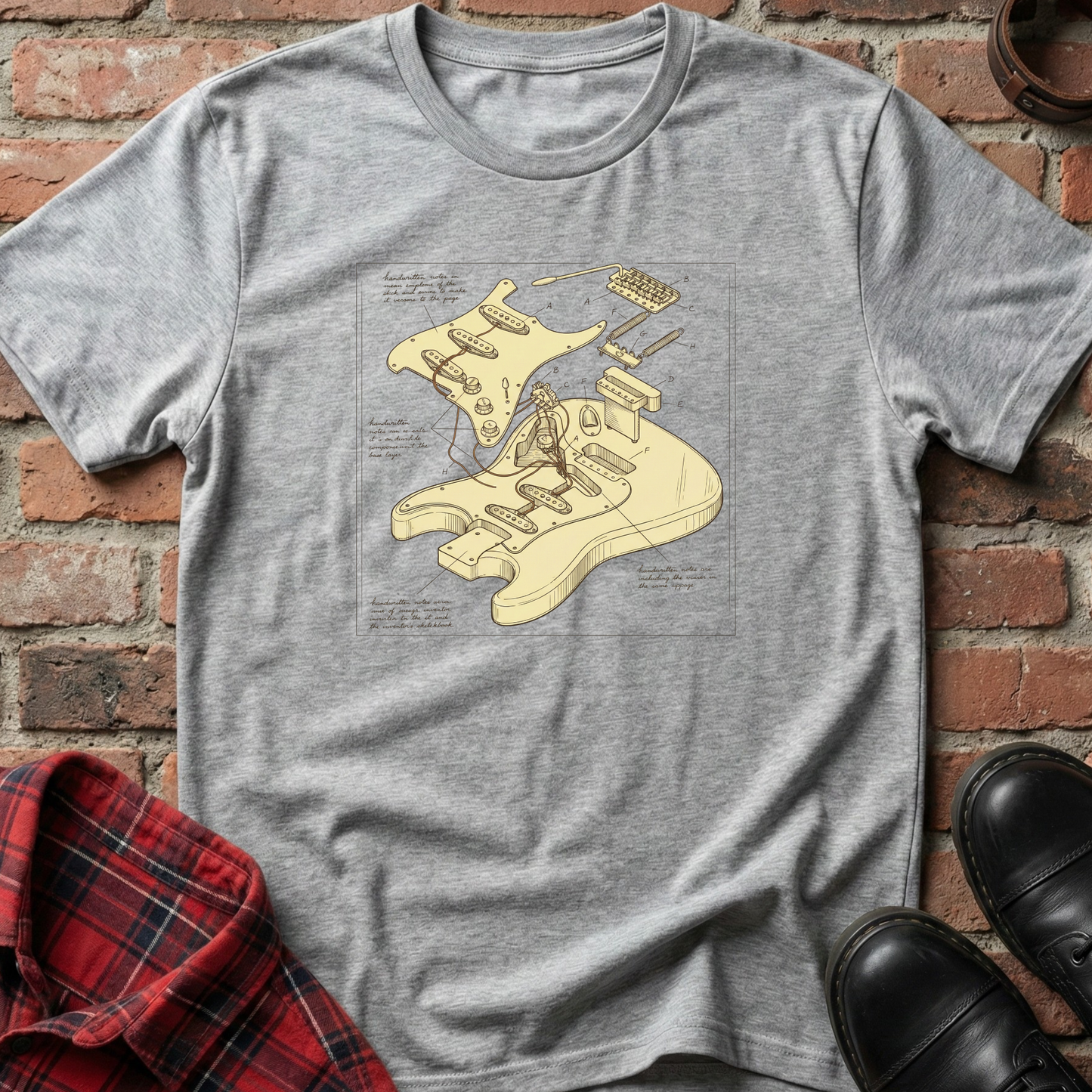 Gray t-shirt with a detailed graphic design on a brick surface. Minimalist music apparel by pemuyo.