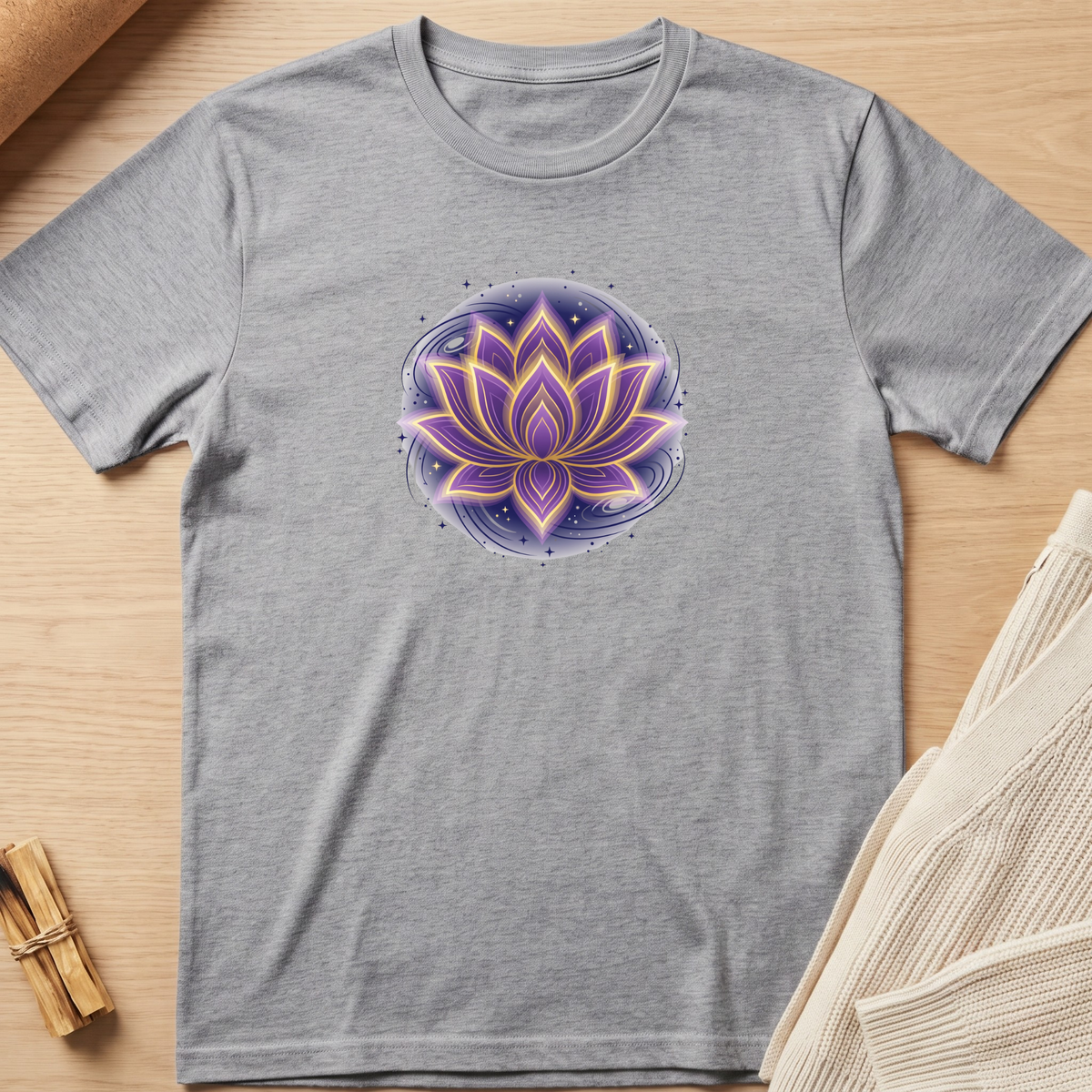 A heather gray short-sleeve t-shirt laid flat on a light wood surface, featuring a circular purple and yellow lotus flower graphic on the chest. Minimalist yoga apparel by pemuyo.