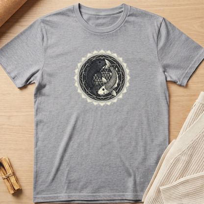 A heather gray short-sleeve t-shirt with a circular koi fish graphic on the chest, laid flat on a light wood surface with neutral props. Minimalist yoga apparel by pemuyo.