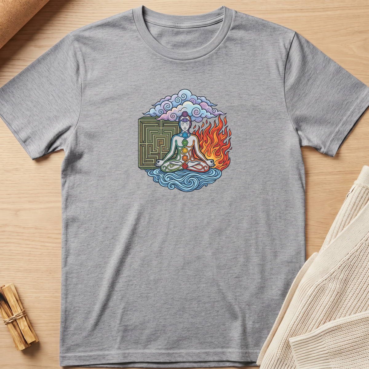 A heather gray short-sleeve t-shirt with a colorful graphic of a meditating figure, flames, and a maze, laid flat on a light wood background. Minimalist yoga apparel by pemuyo.