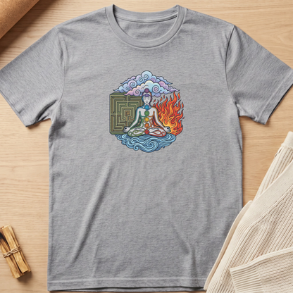 A heather gray short-sleeve t-shirt with a colorful graphic of a meditating figure, flames, and a maze, laid flat on a light wood background. Minimalist yoga apparel by pemuyo.